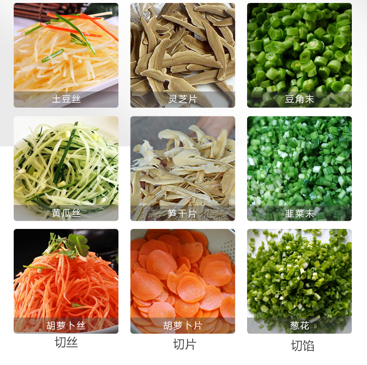 切菜�C�o�是切土豆�z，切�`芝片，切豆角末，切�S瓜�z，切�S干片，切韭菜末等